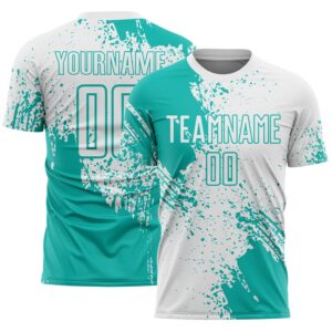 Custom White Aqua Abstract Brush Stroke Sports Sublimation Soccer Uniform Jersey